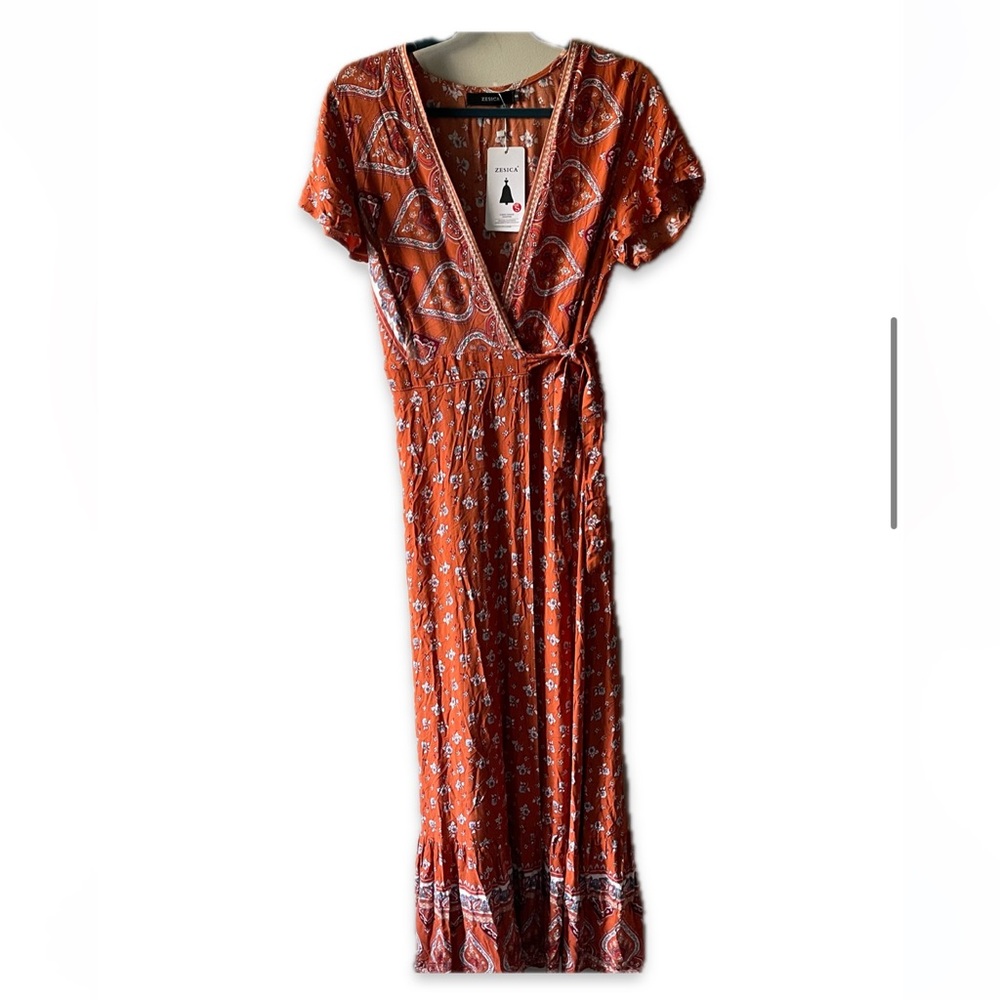 Burnt orange paisley/floral peasant maxi dress size small